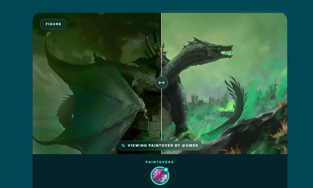 Soumission et retour d'art sur le hub communautaire Artwod, peinture d'un cavalier de dragon en art numérique 2D, couleurs vertes