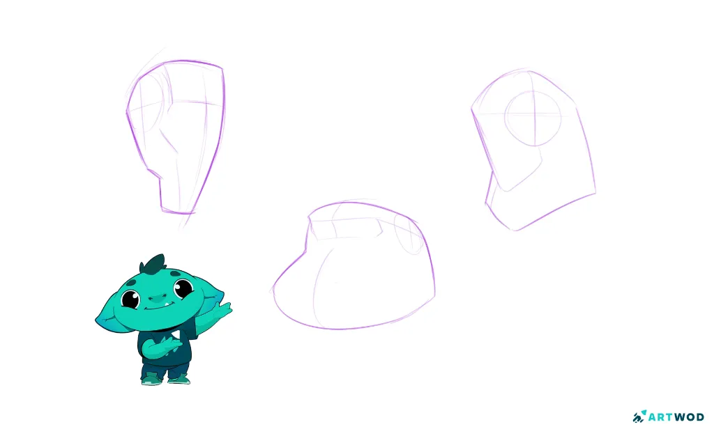 Dessin numérique en 2D de formes au crayon rose, exercice pratique pour les élèves. La mascotte d'Artwod, Woddy (une petite créature verte), se trouve sur la gauche et montre les formes.