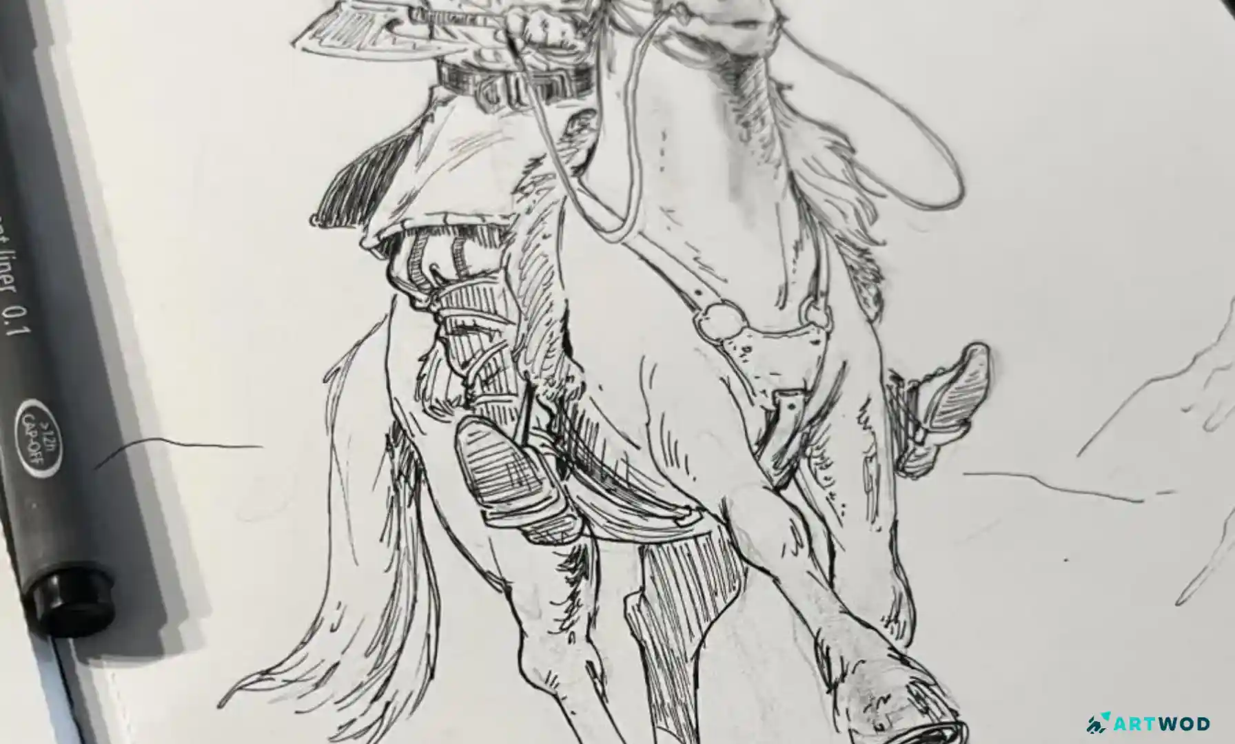 Traditionelle Zeichnung von Antonio Stappaerts, Reiter. mit schwarzem Stift gezeichnet