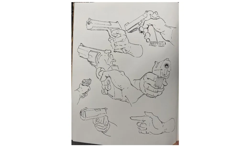 Sketchbook page fulled with hands holding guns, traditional artwork with black pen, by Antonio Stappaerts