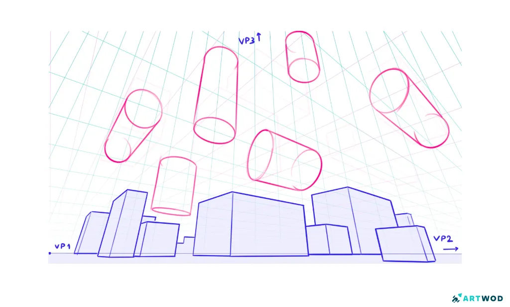 boxes and cylinders in 3 point perspective, grid. digital 2d drawings