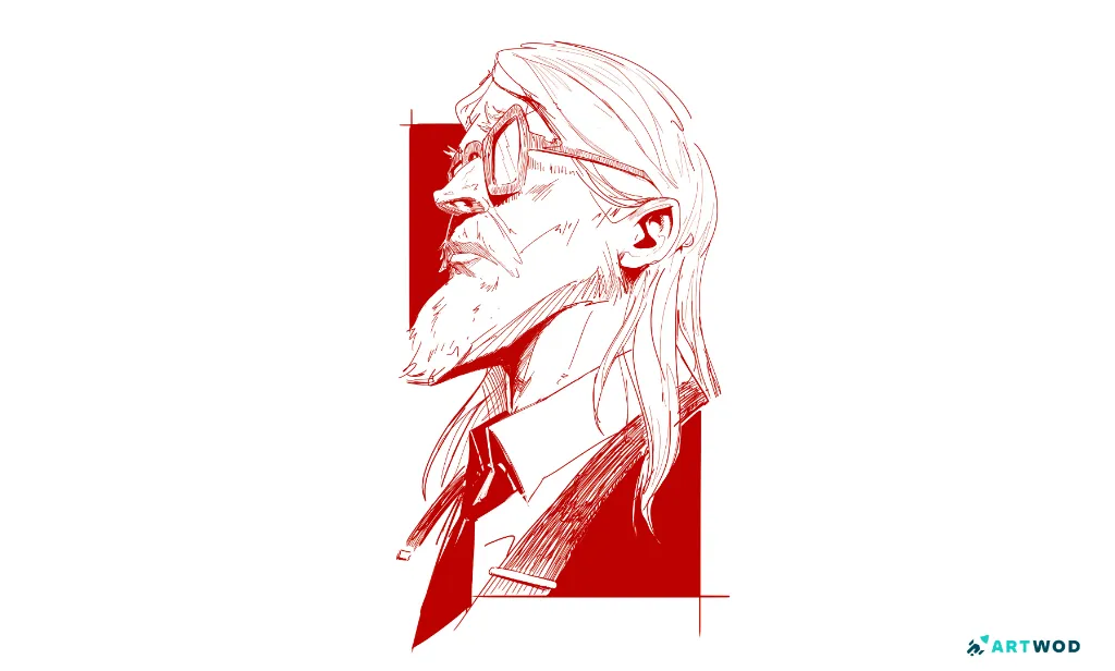 Portrait of a man by Antonio Stappaerts, 2d, digital, man in glasses with a tie and long hair, all done in red pen