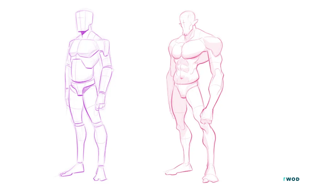 Transformation du mannequin en personnage, art numérique 2D. 2 dessins numériques côte à côte