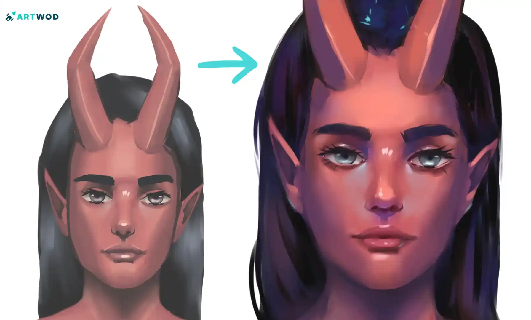2 digital drawings of a horned woman: before and after. Second version is demonstrating portrait rendering and edge control