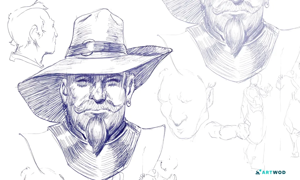 Traditional drawing by Antonio Stappaerts, man in a hat. Made with blue pen.&nbsp;