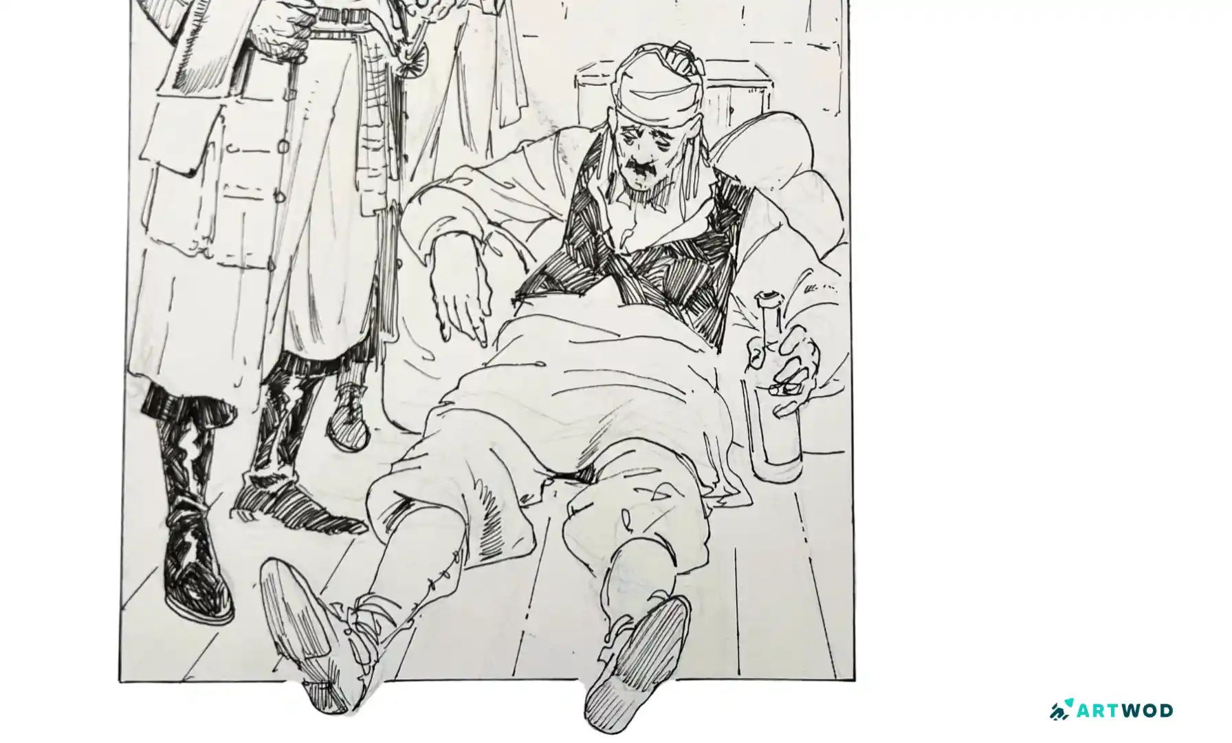 Traditional drawing by Antonio Stappaerts, a drunk pirate sitting on the floor. Black pen drawing