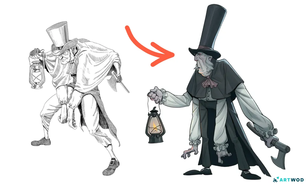 Before/After transformation by Axel Van Nederkassel. A victorian man with 4 arms holding an axe and a lamp. 2 digital versions next to each other.