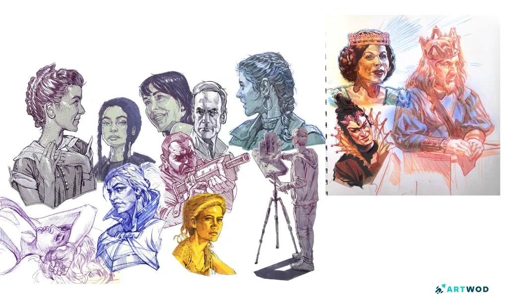 2 Sketchbook pages by Rembert Montald, faces, portrait, a king and 2 queens, beautiful colorful traditinal drawings.