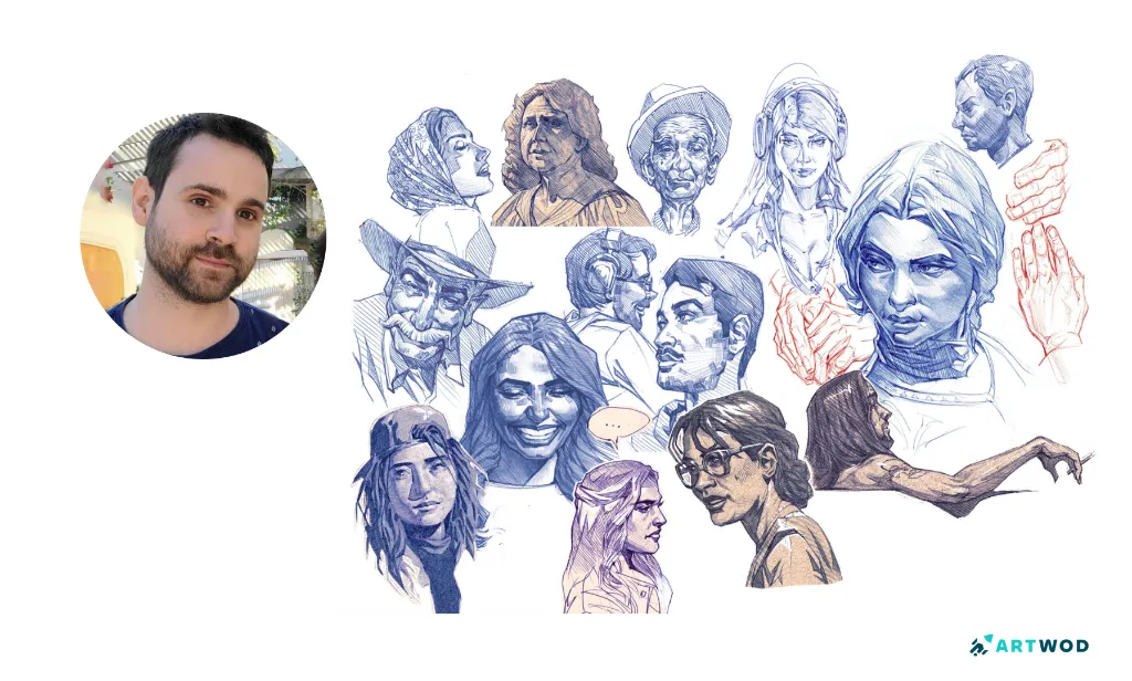 Sketchbook page by Rembert Montald (his photo on the left), faces made in blue pen and other materials (digital 2d) alongside the sketches of hands