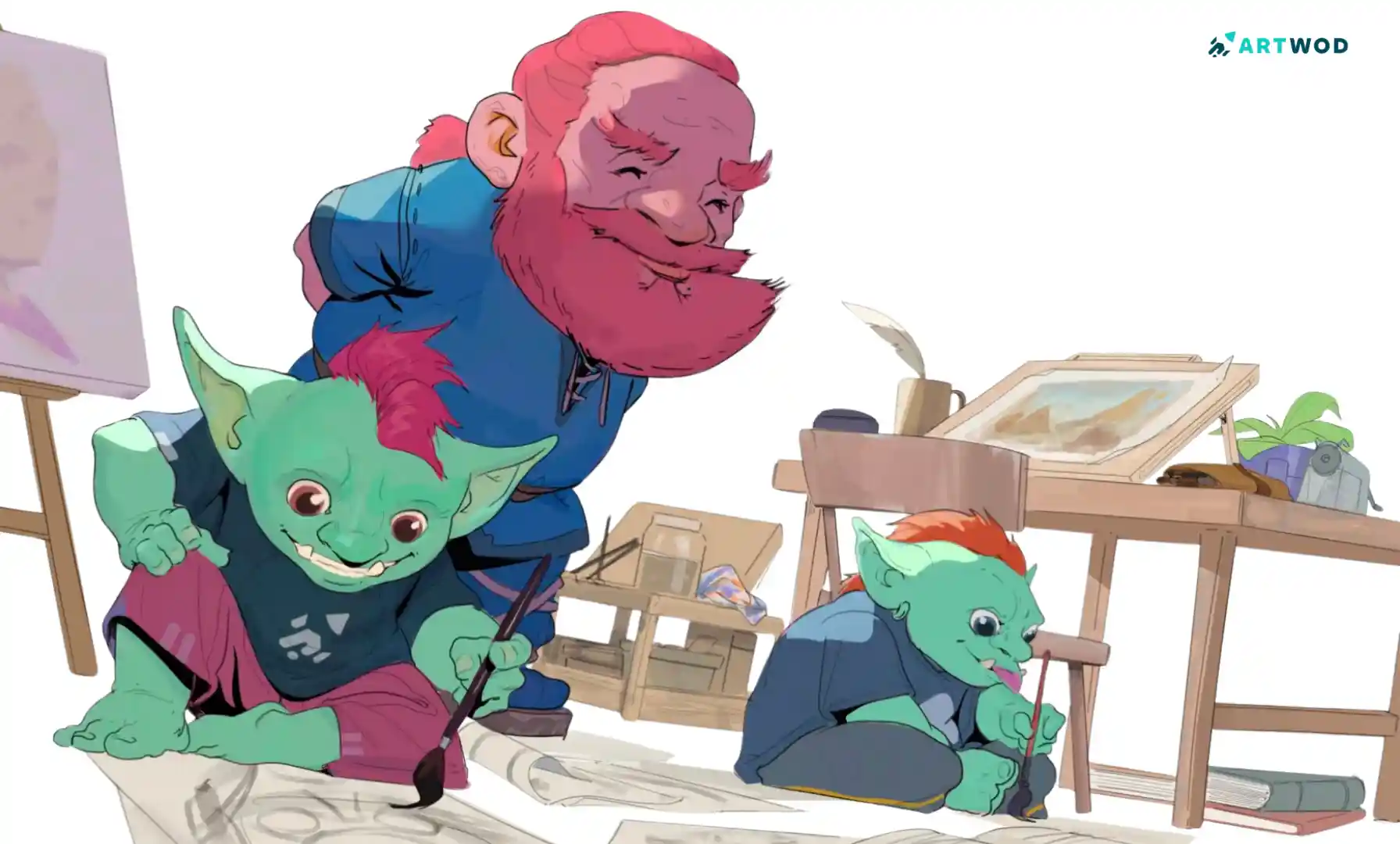 dessin numérique en 2D d'un gnome apprenant à dessiner à de mignons gobelins, le gnome a une barbe rouge, et les gnomes semblent passionnés par le dessin, ambiance de studio autour d'eux. Le dessin est fait avec des lignes, des couleurs et des ombres