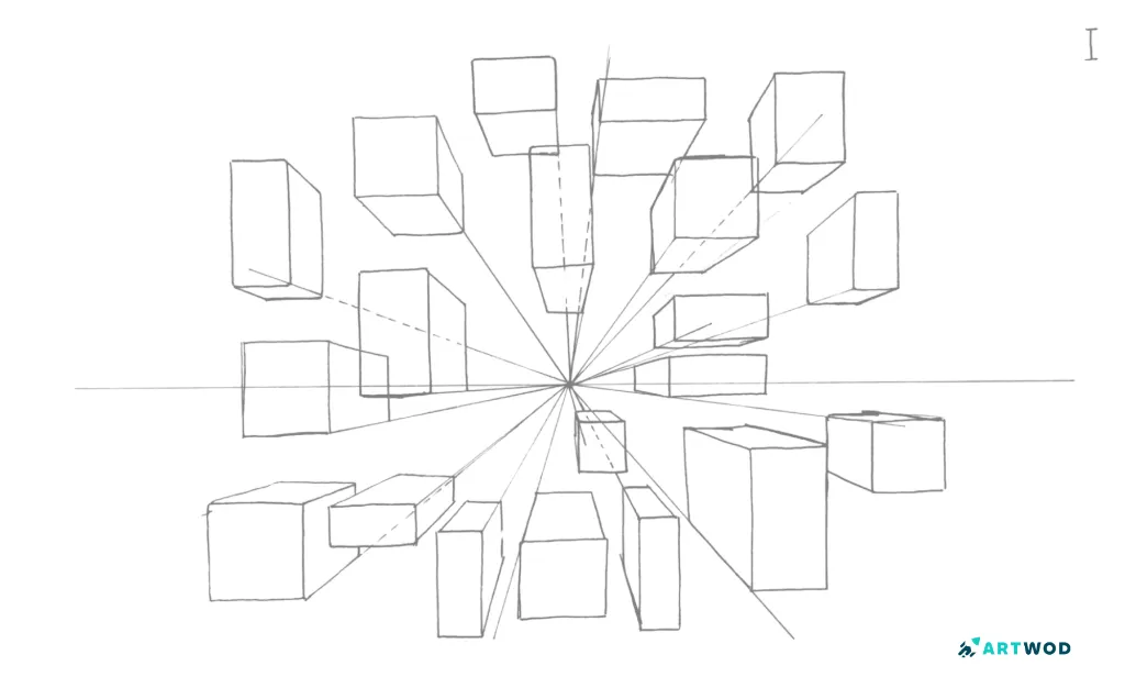 Travail d'un élève : des boîtes en perspective à un point, en art numérique 2D.