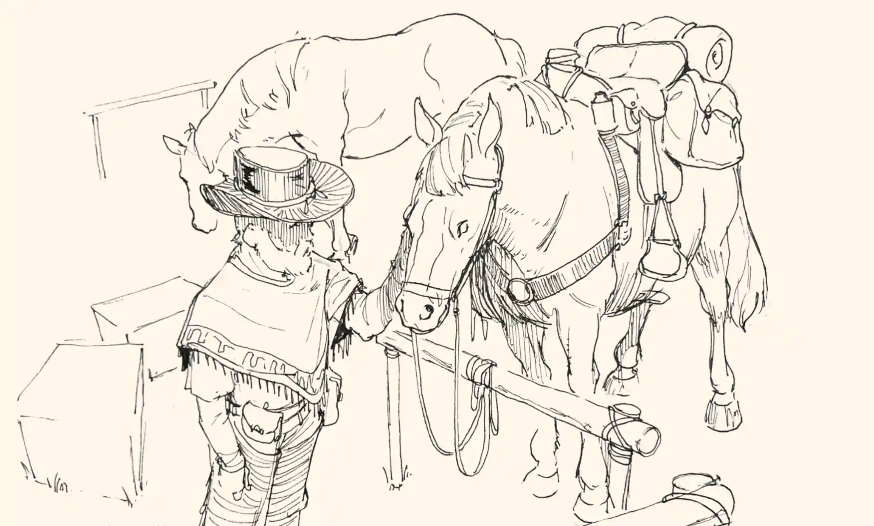 Traditional drawing of a man taking care of horses. Made in black pen. By Antonio Stappaerts.