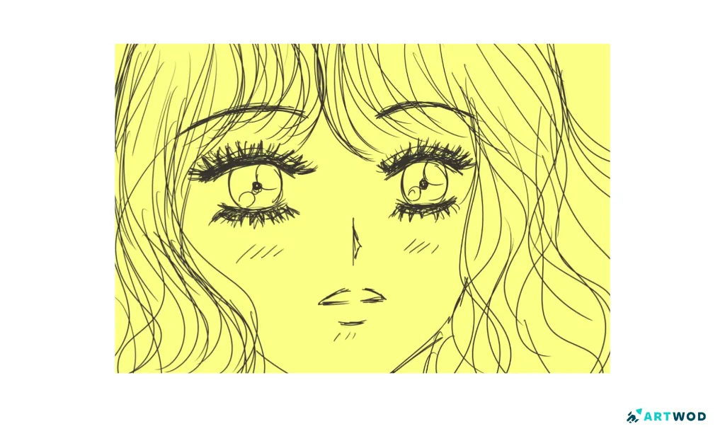 Anime face drawing with large eyes, long heavy eyelashes, and loose hair sketch lines