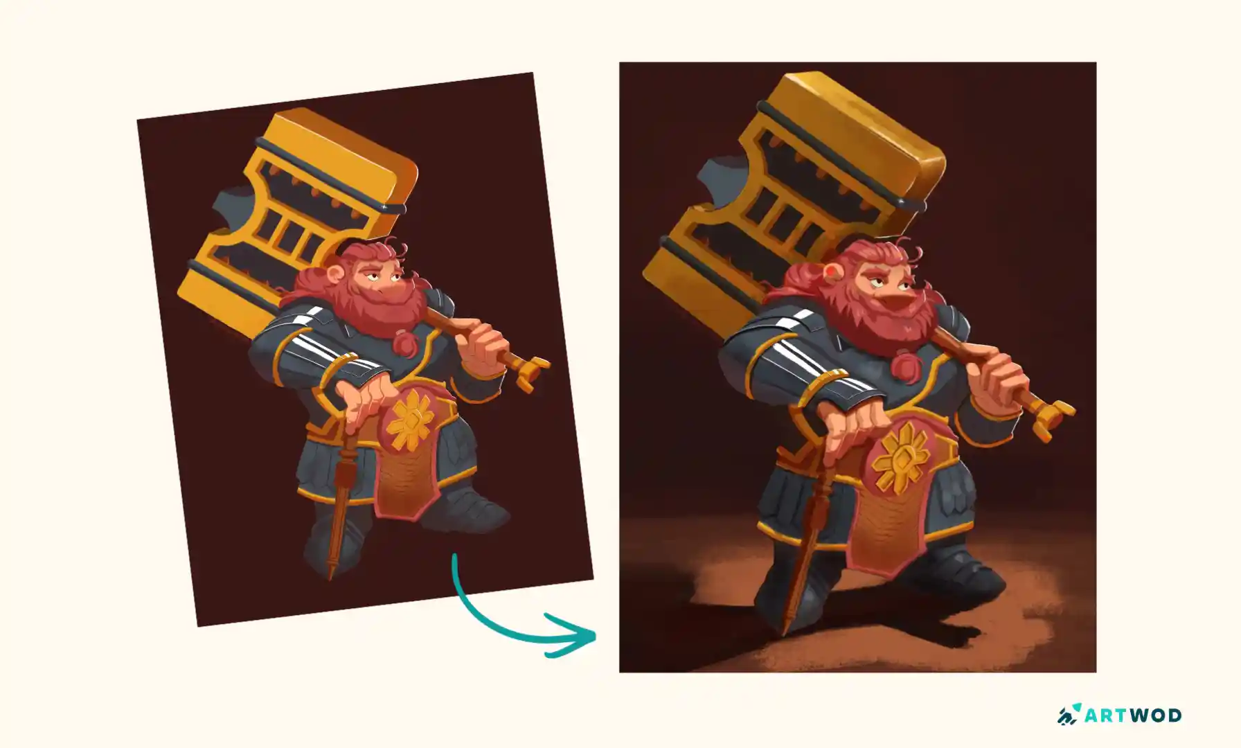 Vorher-Nachher-Bilder eines Beitrags vom Artwod Feedback-Tool. Digitales 2D-Bild eines stilisierten Paladins. 