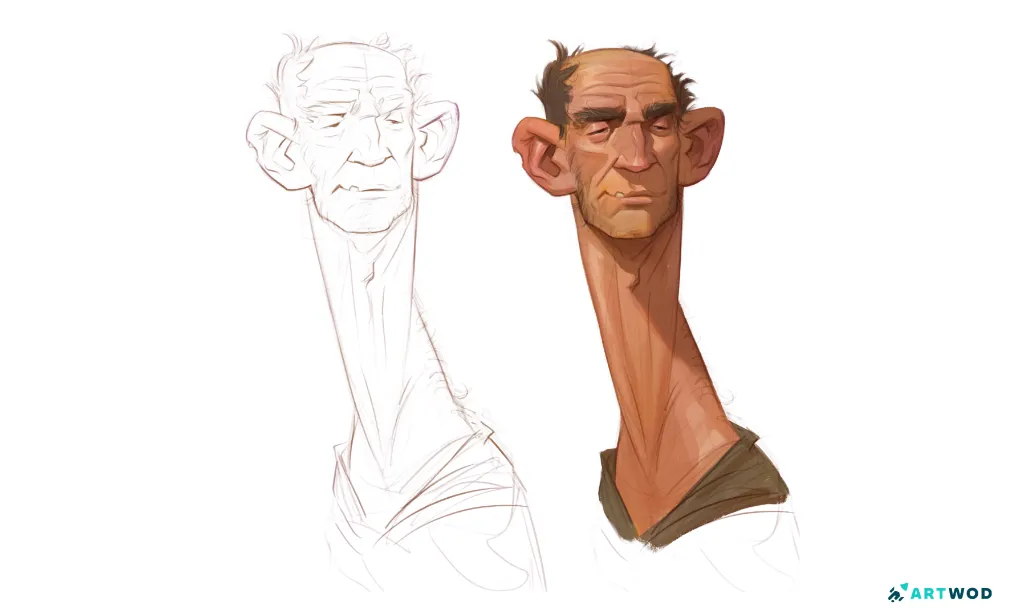 Man portrait by Axel Van Nederkassel, 2d art, lineart sketch next to a full color and render portrait. The man has an exceptionally long neck