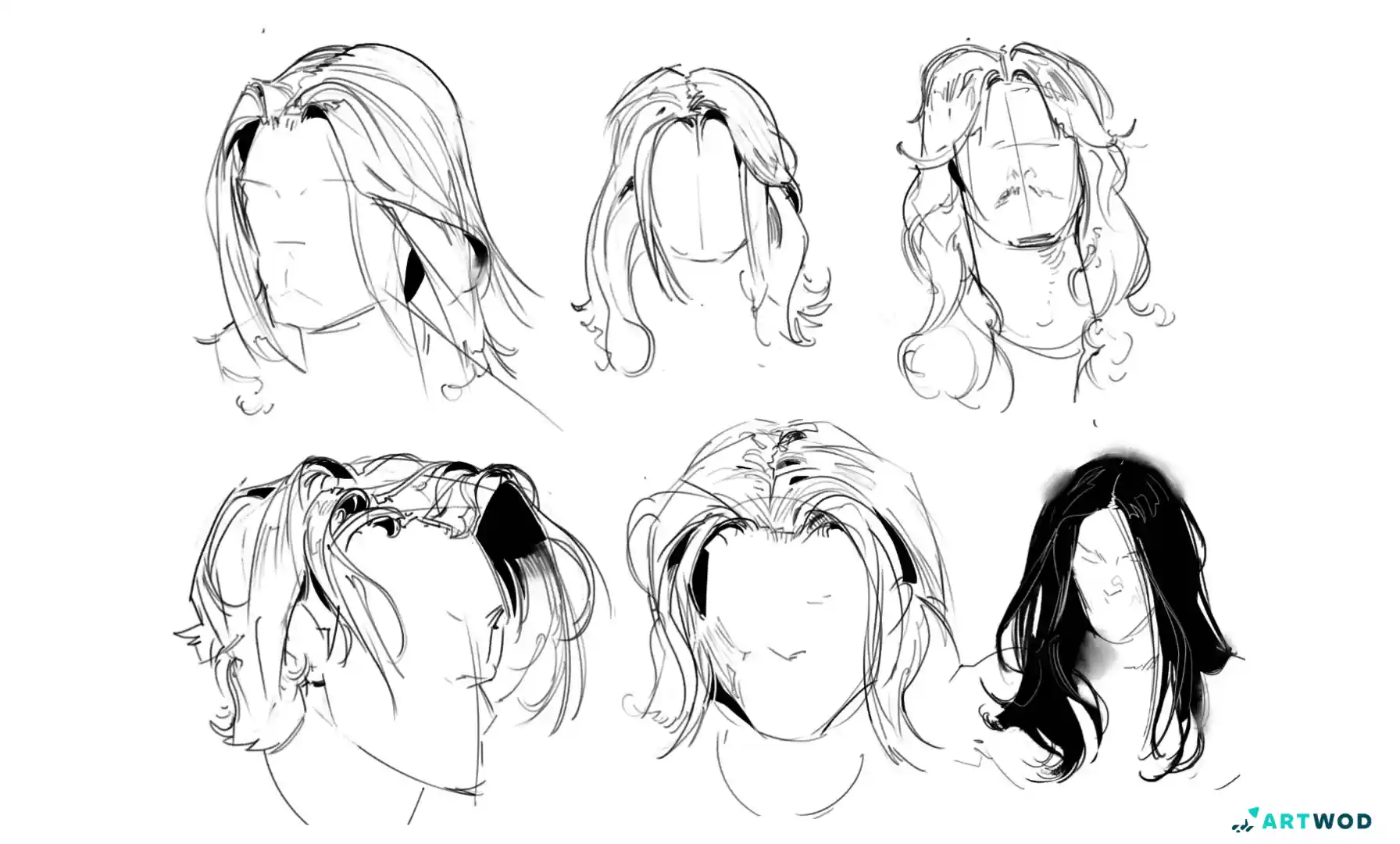 Études de cheveux, 6 têtes sans visage avec différentes coiffures. Art numérique 2D