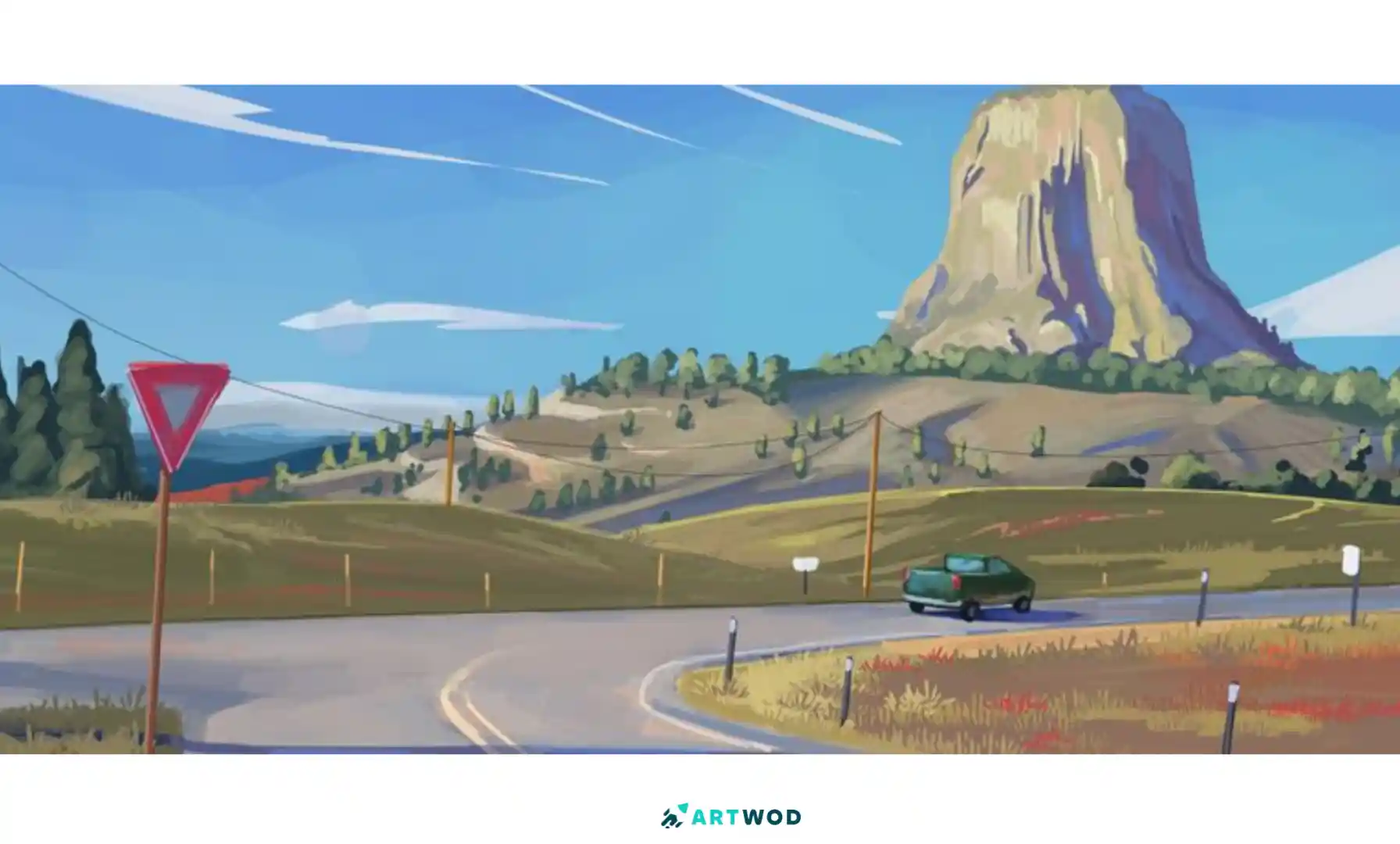 Environment 2d art, painting. Road with a car and hills and mountain in the background, on top of blue sky with a couple of clouds