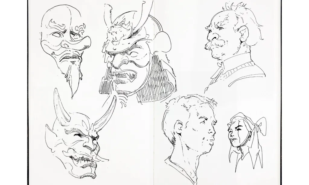 Sketchbook page filled with portraits and masks, made with black pen, traditional art by Antonio Stappaerts