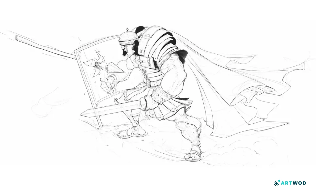 2D-Zeichnung eines römischen Kriegers von Axel Van NederKkassel. Der Krieger hält ein Schwert und einen von einem Speer durchbohrten Schild. Digitale 2D-Zeichnung mit schwarzem Stift.
