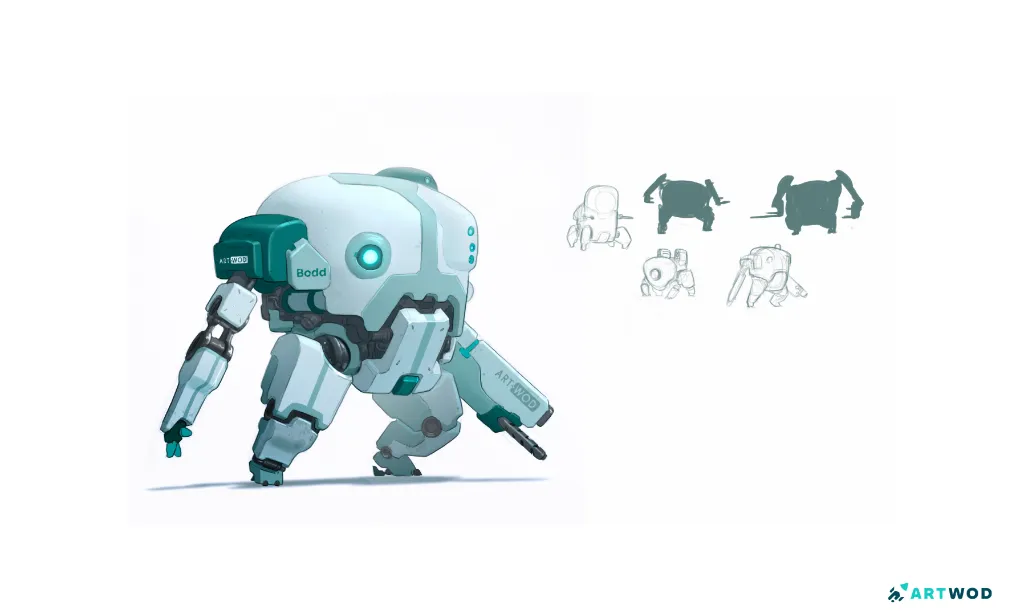 Mech design, digital 2d art. On the left 0 finished mech design, on the right - 5 sketches of silhouettes (2 with lineart and 2 with value).