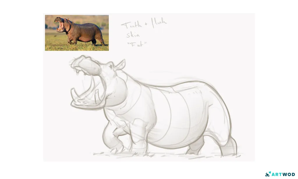 Hippo-Skizze von Axel Van Nederkassel. Digitale 2D-Kunst
