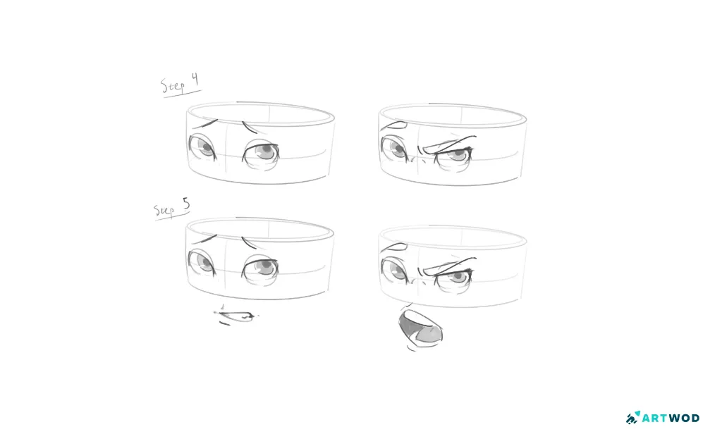 Expressions on 4 cut cylinders, 2 without a mouth, 2 with a mouth. 2d, digital drawings black pen