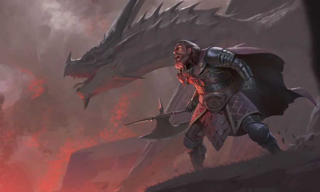 Digital 2d work by Antonio Stappaerts, in color. Dragon rider standing in front of a dragon.