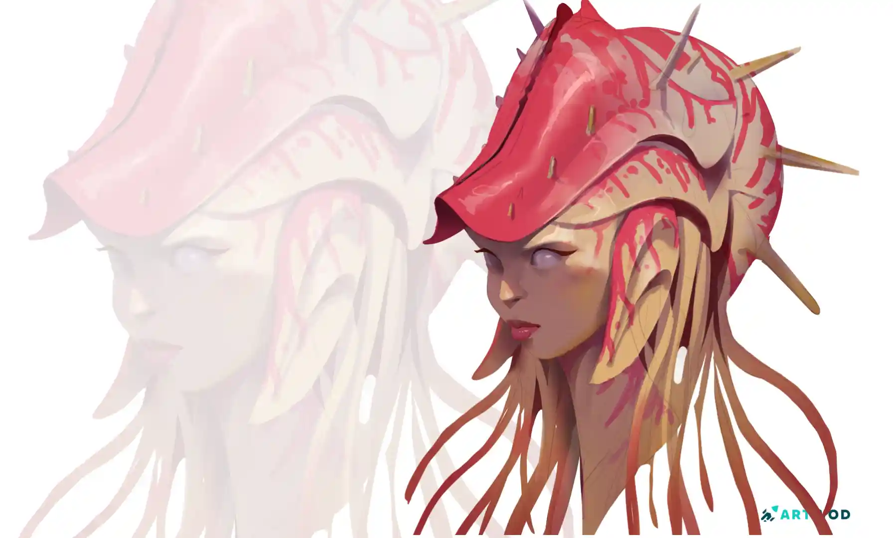 Sea creature digital 2d drawing by Antonio Stappaerts. A woman with a shell instead of the hair