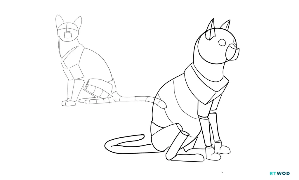 2D-Zeichnung, Dekonstruktion einer Katze: Katze in einfache Formen zerlegt (Artwod-Methode)