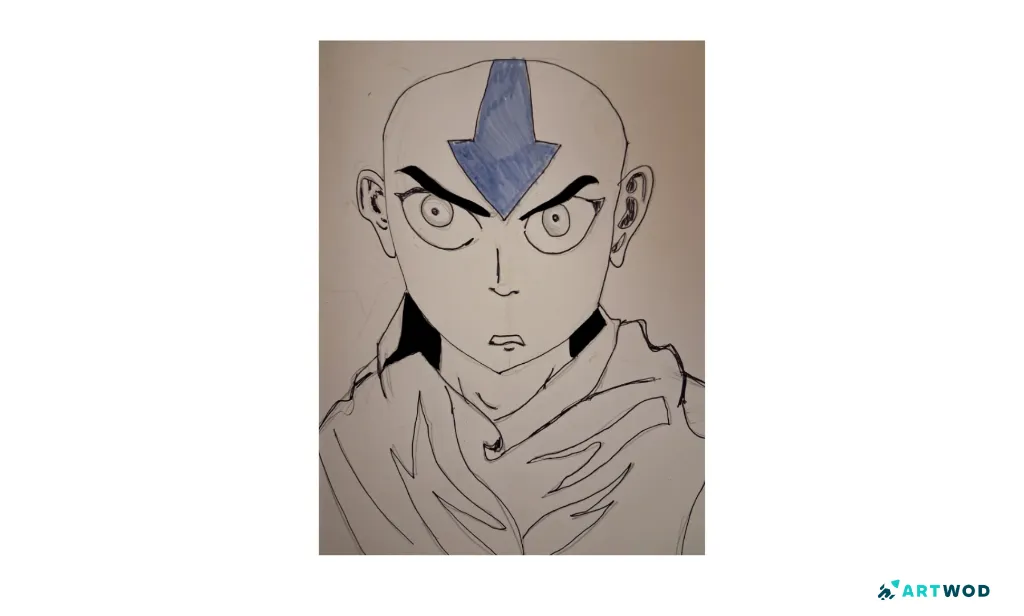 Pencil anime boy portrait sketch with a narrow neck, large head, angled shoulders, and layered clothing