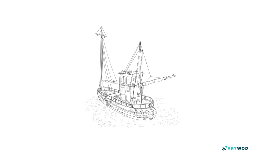 Ein Boot zeichnen: schwarzer Stift, digitale 2D-Detail-Skizze, Boot auf dem Wasser, Wassertextur.