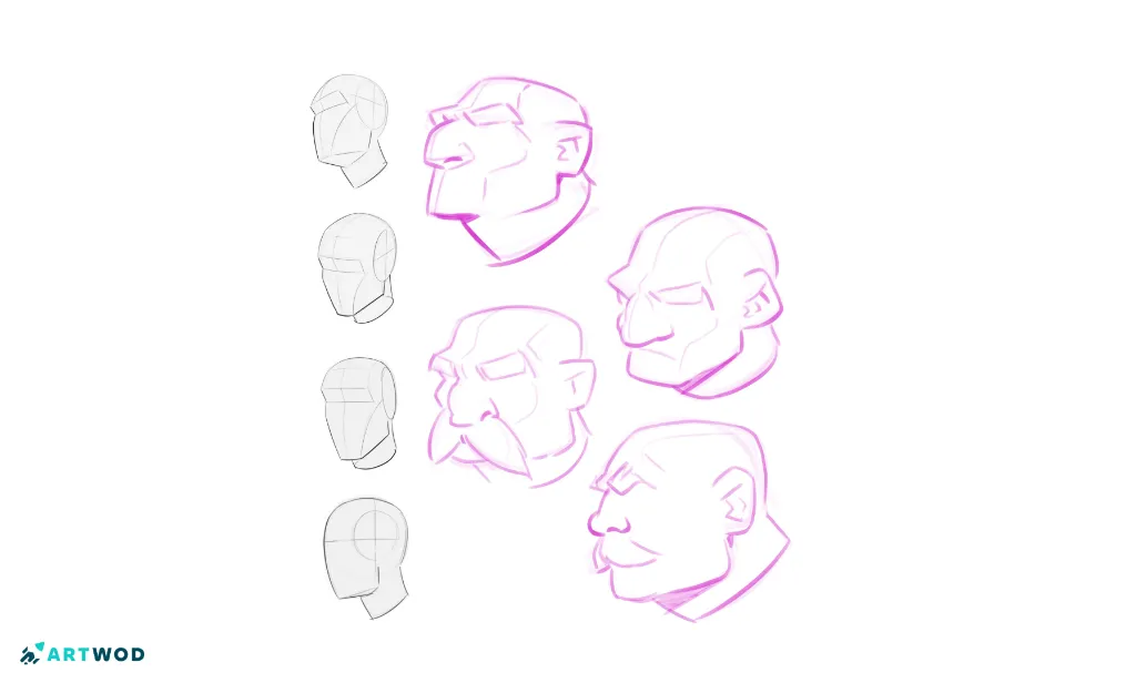 Autre transformation : d'une tête de Loomis à une tête de Loomis modifiée, puis à un portrait expressif