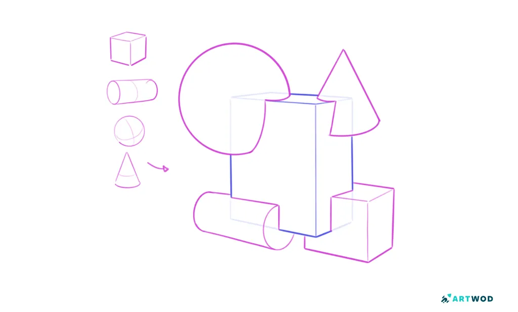 Arrangement de formes simples en perspective, art numérique 2D.