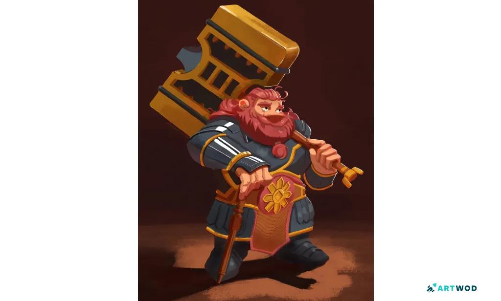 Rezensent Overpaint von Night Paladin mit tieferen Schatten, Okklusion, reflektiertem Licht und einem metallischerem Hammer. Quelle: https://artwod.com/en/feedback-tool/c/perspective-and-form/6a21413492fe1008e44129aa/night-paladin / reviewer paintover asset.