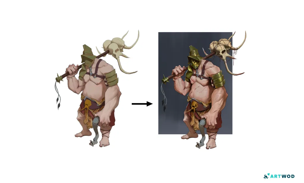 Character Design by Axel Van Nederkassel, 2 orges side by side, same design, better rendering on the right one. Digital 2d art. Left one has no highlights and occlusion, right one adds highlights, background and ambient occlusion, creating more volume and realism