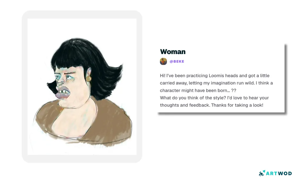 Dessin de portrait de femme né d'un entraînement aux têtes de Loomis, avec un style de personnage expressif