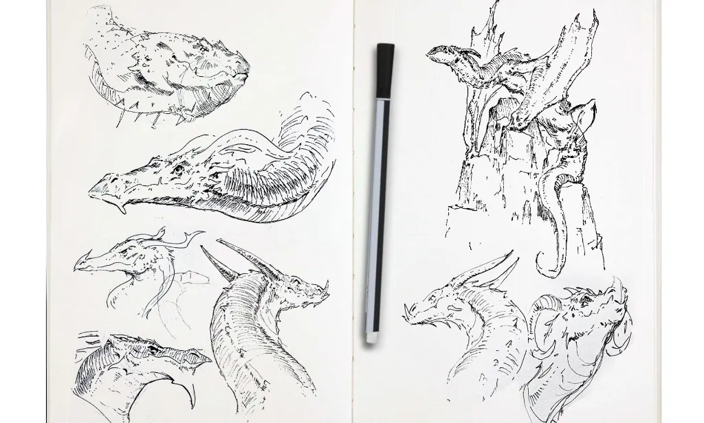 Sketchbook page filled with dragons, black pen dragon heads, traditional art by Antonio Stappaerts