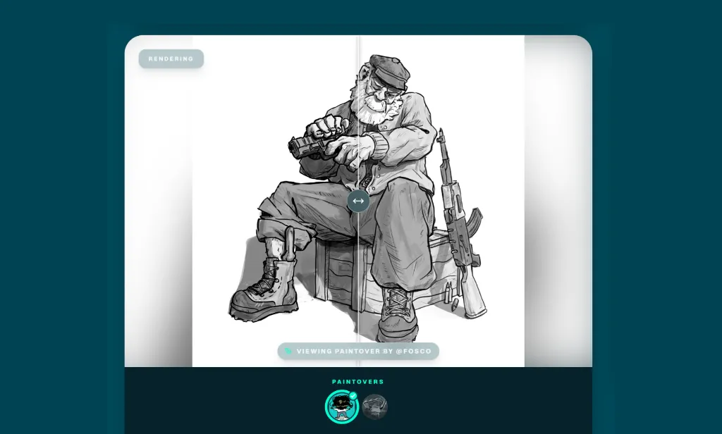 retour et soumission sur le hub communautaire Artwod, art numérique 2D, un vieil homme en noir et blanc nettoyant son arme, assis