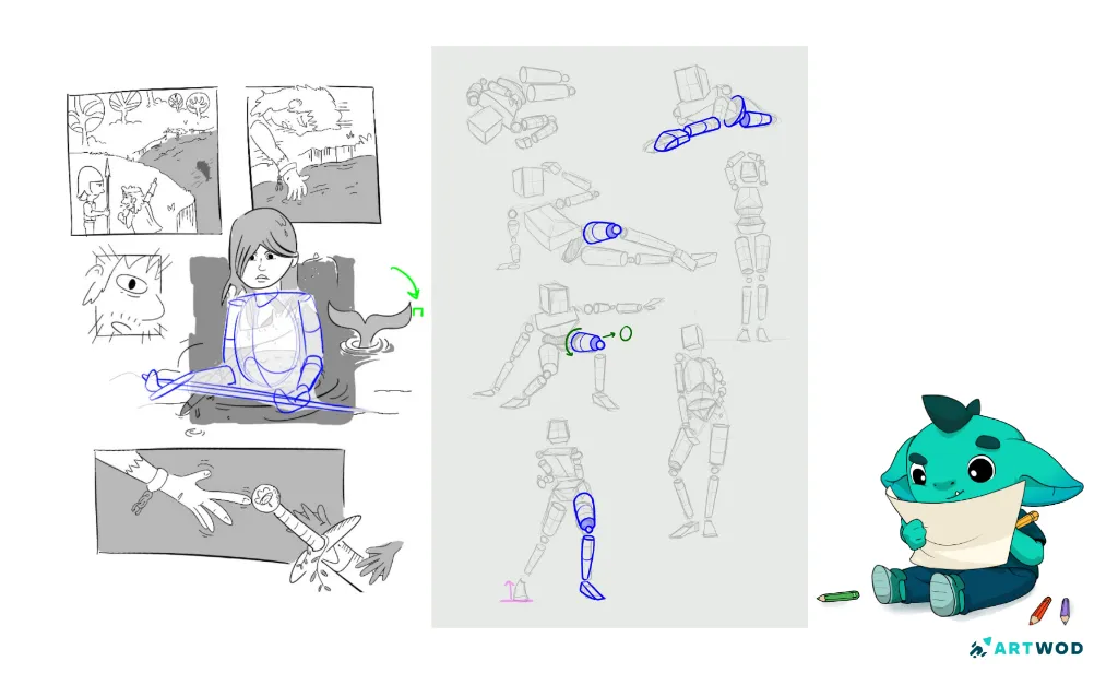 2 Images with Feedback on top of them: first image - a comic page about mermaid adventures, black and white, feedback indicates construction problems&nbsp;
second image - 7 figure mannequins with 3 drawovers indicating construction mistakes&nbsp;
On the right image of Woddy, Artwod Mascot, little green creature drawing with crayons.