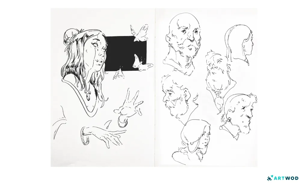 Traditional drawing by Antonio Stappaerts, sketchbook page filled with black pen portrait sketches and butterflies.