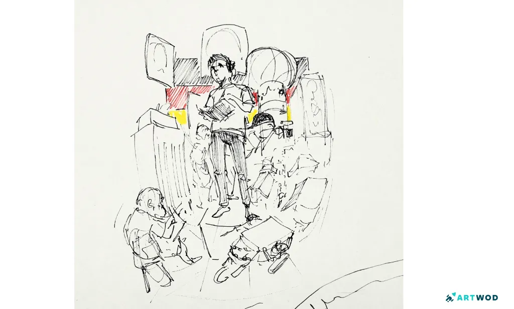 Traditional drawing by Antonio Stappaerts, sketchbook page filled with black, red and yellow pen composition, a man with a book, an artist, different shapes.