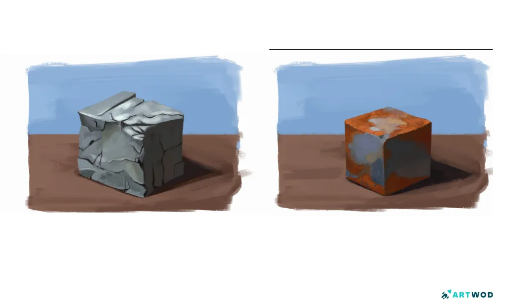 2 digitale 2D Metallstudien von Jesus Mesa. Links neues Metall, rechts rostiges Metall