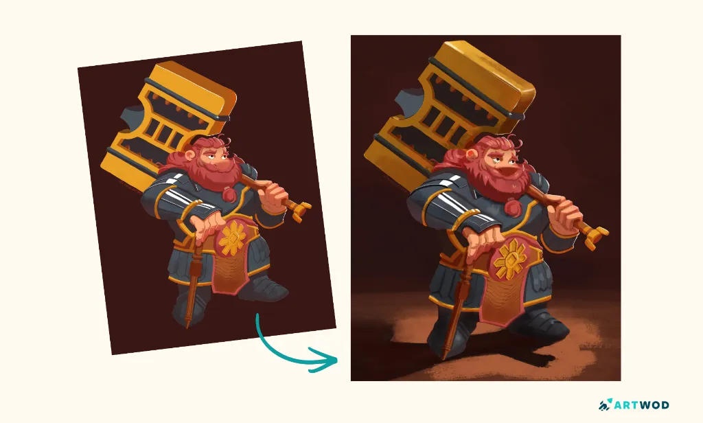 Direkter Vergleich von „Night Paladin“: Das Original und ein Overpaint des Rezensenten mit stärkerer Beleuchtung und Material-Rendering nebeneinander. Quelle: Zusammengestellt aus den zwei Feedback-Tool-Dateien.