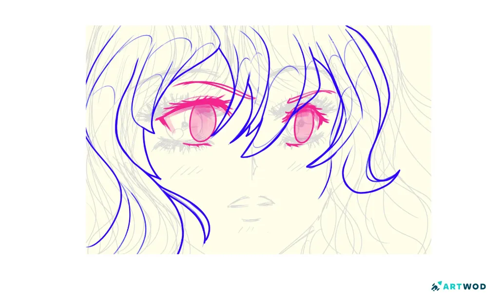 Anime eye paintover showing simplified eye shapes, cleaner eyelashes, and more controlled hair lines