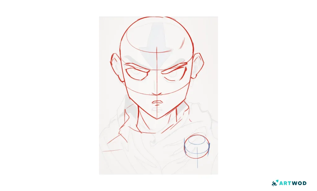 Anime boy neck paintover showing head construction, neck placement, shoulder structure, and a cylindrical shoulder guide