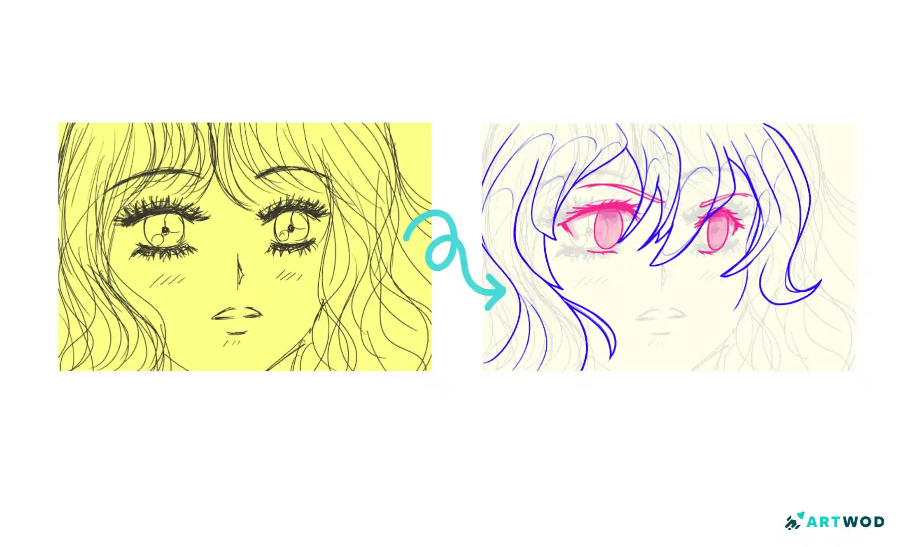 Anime eye drawing with long eyelashes and a dreamy facial sketch