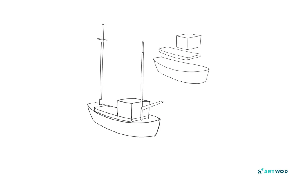 Schritt 2: Boot zeichnen, digitale 2D-Skizze, Aufteilungs des Boots in einfache Formen