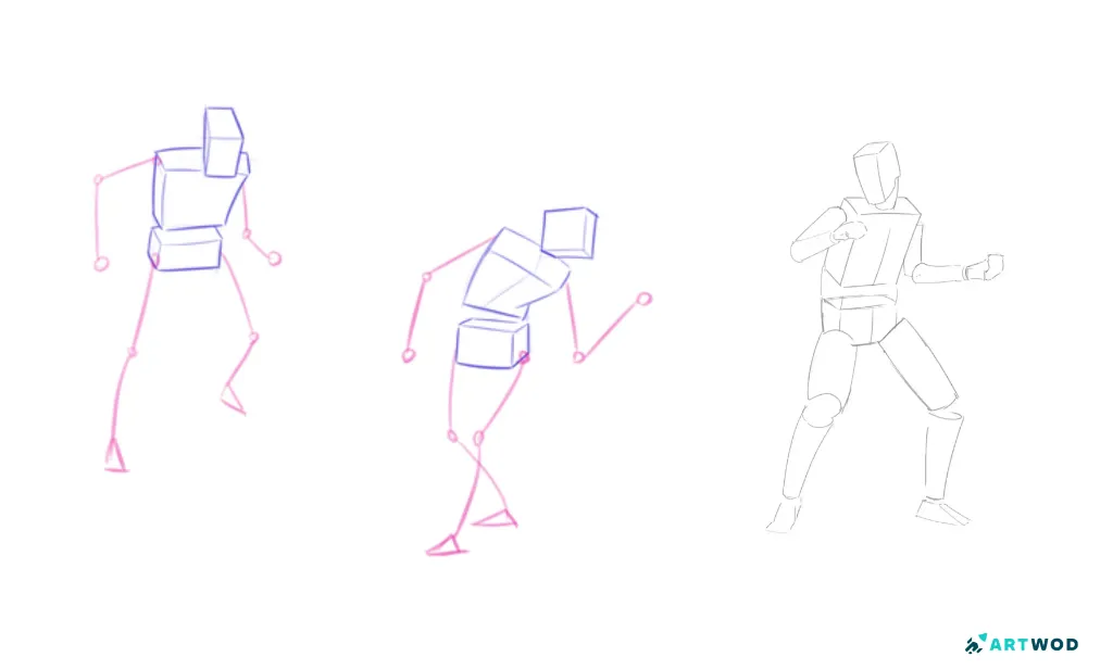 2d Digital drawing human mannequin, 3 mannequins, 2 with limbs as sticks 1 with limbs as cylinders