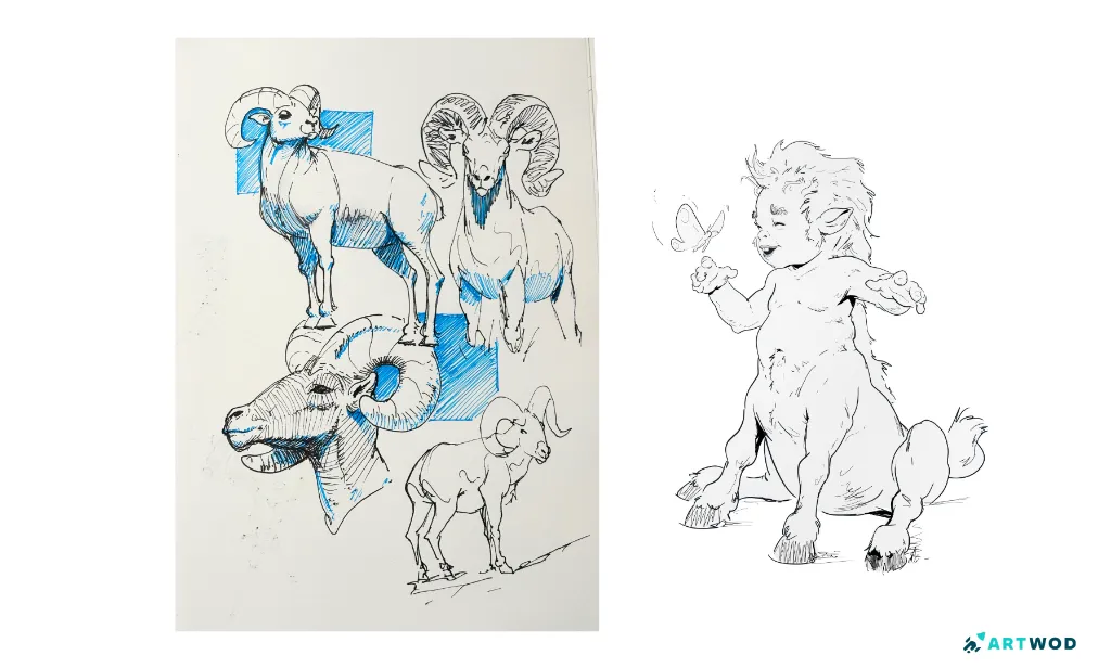 2 Drawings by Antonio Stappaerts: on the right traditional studies of a mountain goat made with black and blue nem, on the left - a muthical creature (satyre) with goat lower body and human child upper body, butterfly next to it. The satyre look happy and content