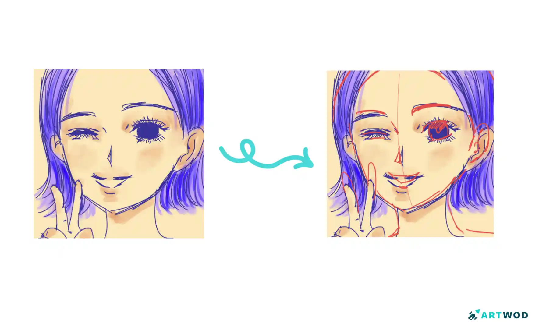 Dessiner le clin d'œil d'une fille manga : corriger l'anatomie du visage